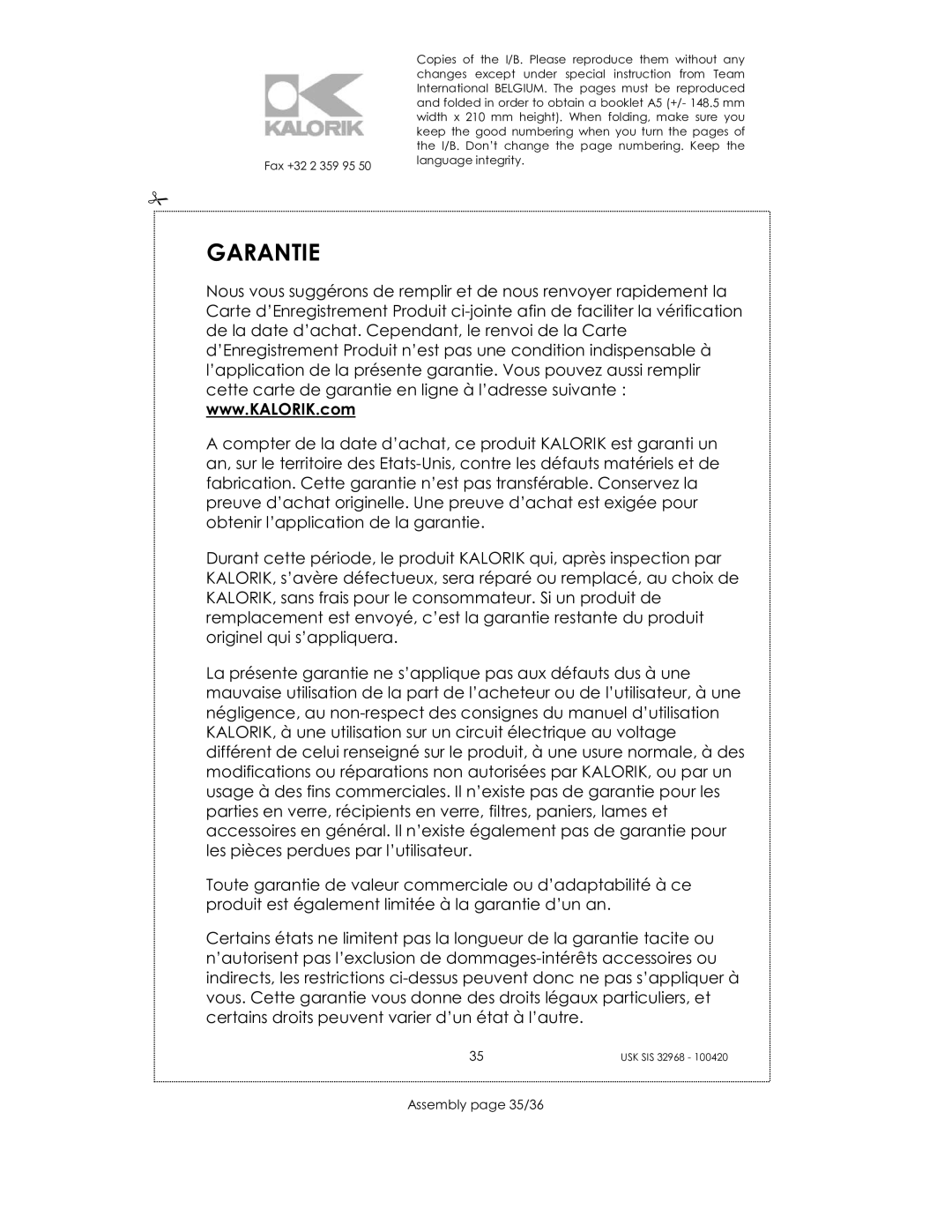 Kalorik SIS 32968 manual Garantie, Assembly page 35/36 