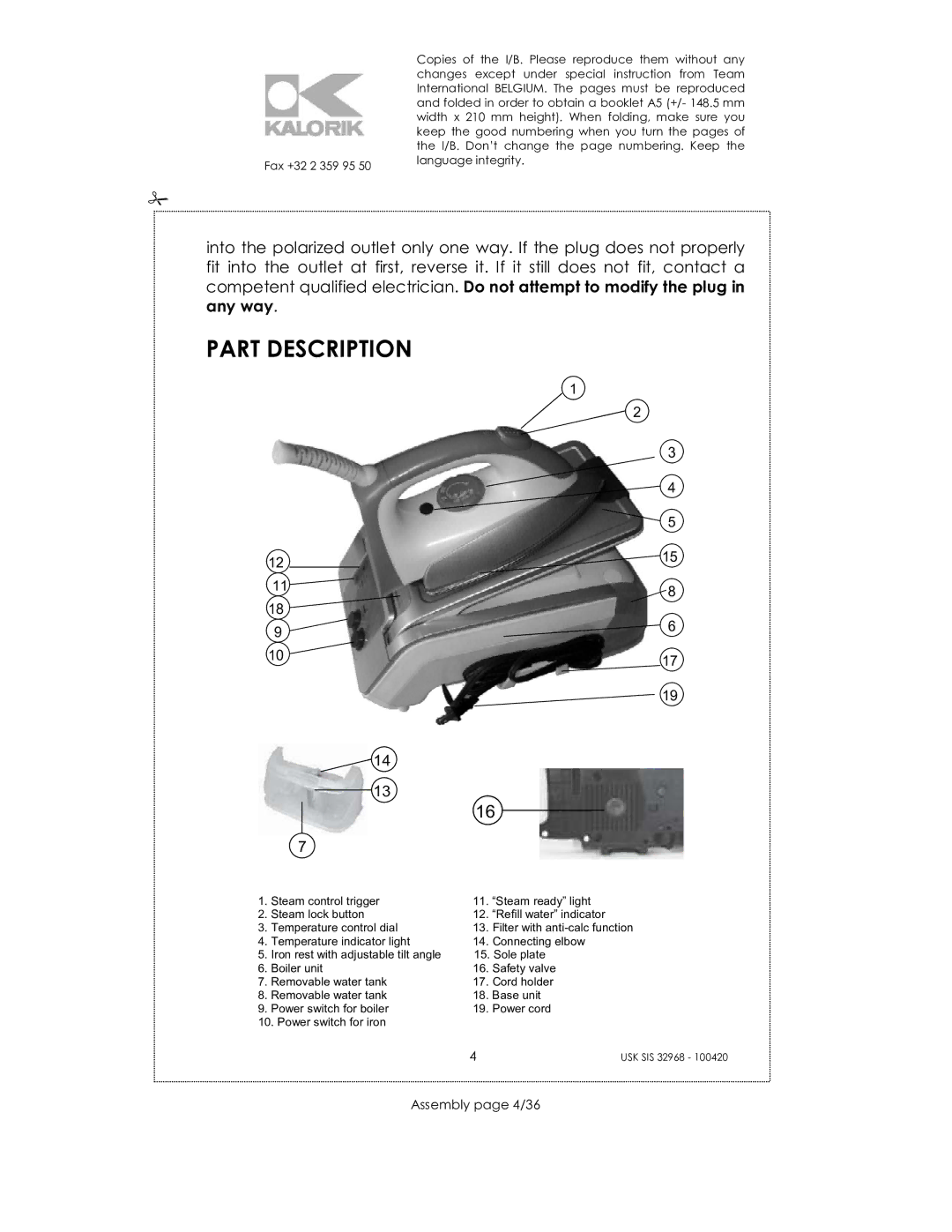 Kalorik SIS 32968 manual Part Description, Assembly page 4/36 