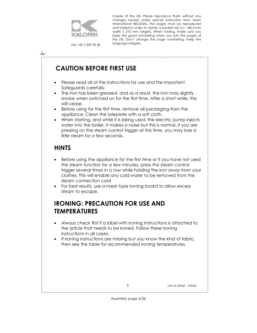 Kalorik SIS 32968 manual Hints, Ironing Precaution for USE and Temperatures, Assembly page 5/36 