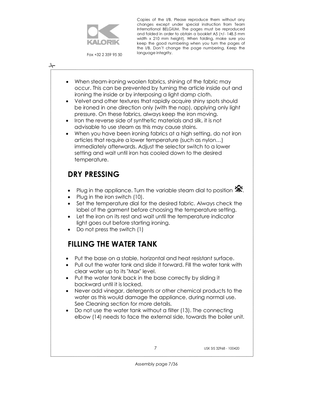 Kalorik SIS 32968 manual DRY Pressing, Filling the Water Tank, Assembly page 7/36 