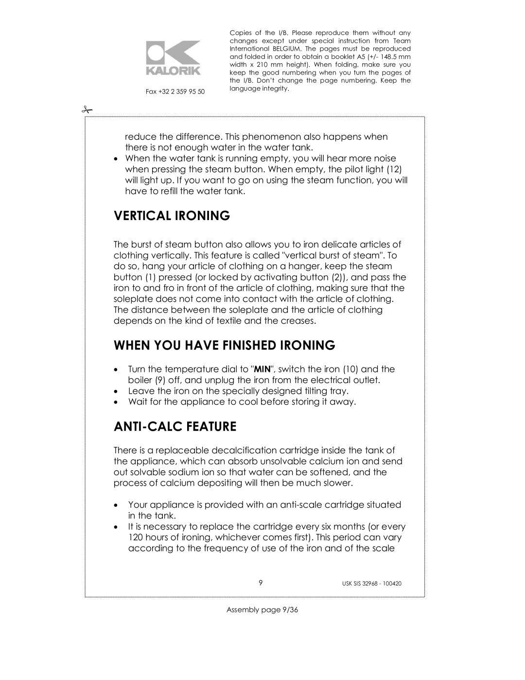 Kalorik SIS 32968 manual Vertical Ironing, When YOU have Finished Ironing, ANTI-CALC Feature, Assembly page 9/36 