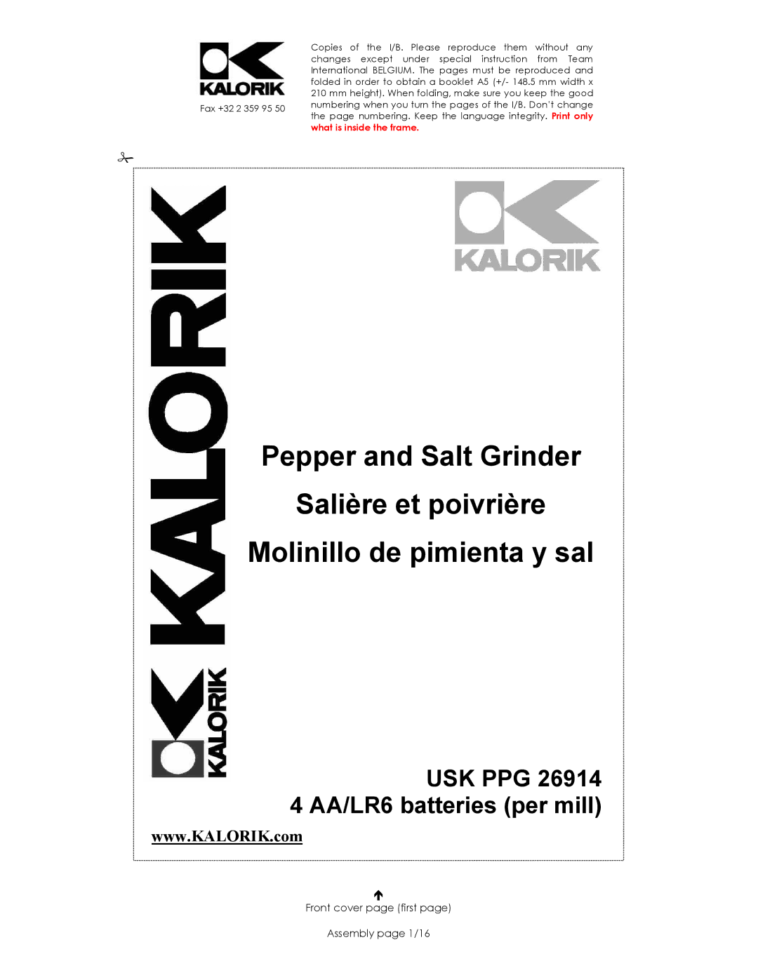 Kalorik SUK PPG 26914 manual USK PPG 26914 4 AA/LR6 batteries per mill, Front cover page first Assembly page 1/16 