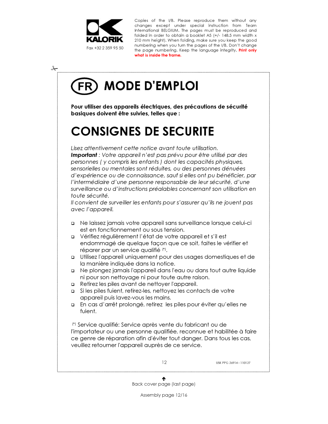 Kalorik SUK PPG 26914 manual Consignes DE Securite, Back cover page last Assembly page 12/16 