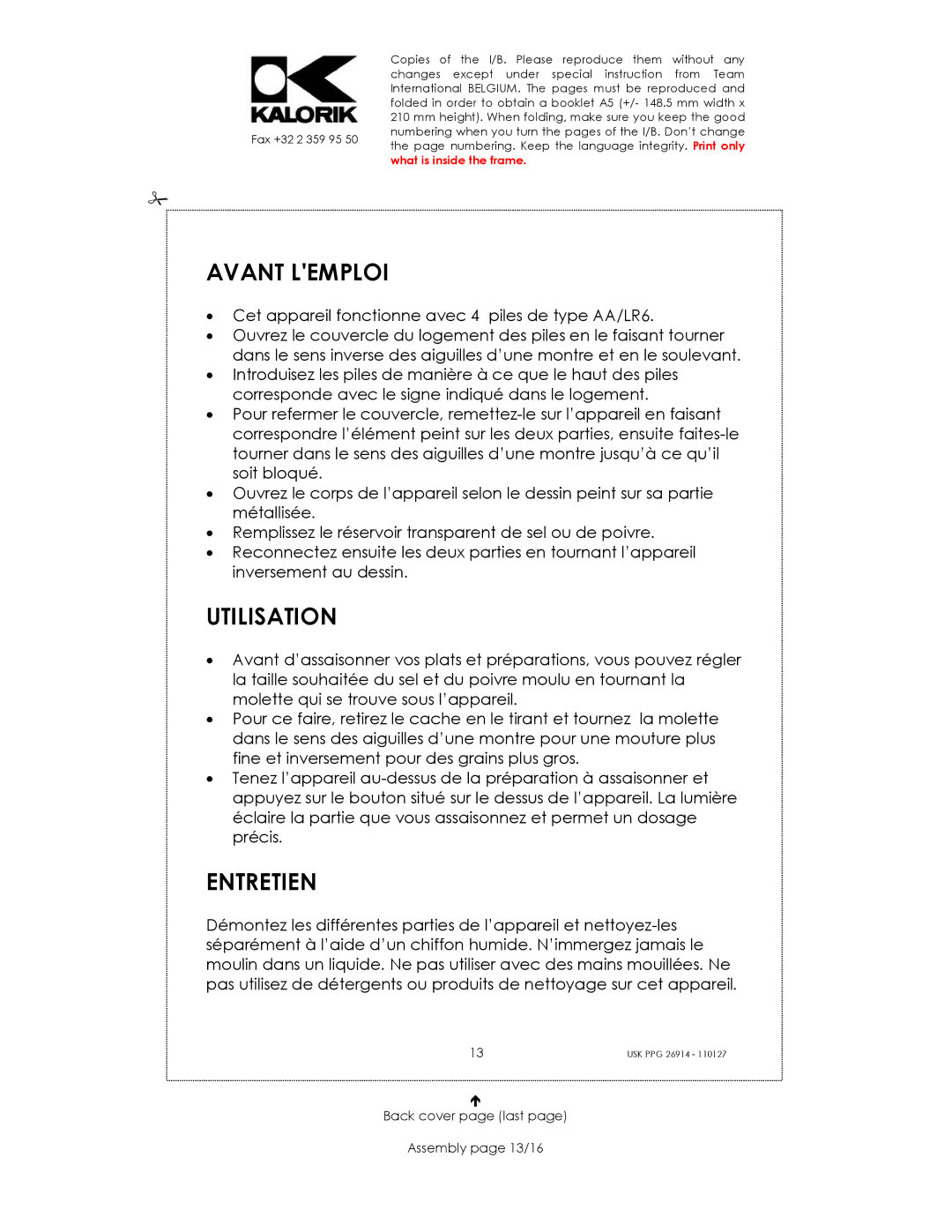 Kalorik SUK PPG 26914 manual Avant Lemploi, Utilisation, Entretien, Back cover page last Assembly page 13/16 