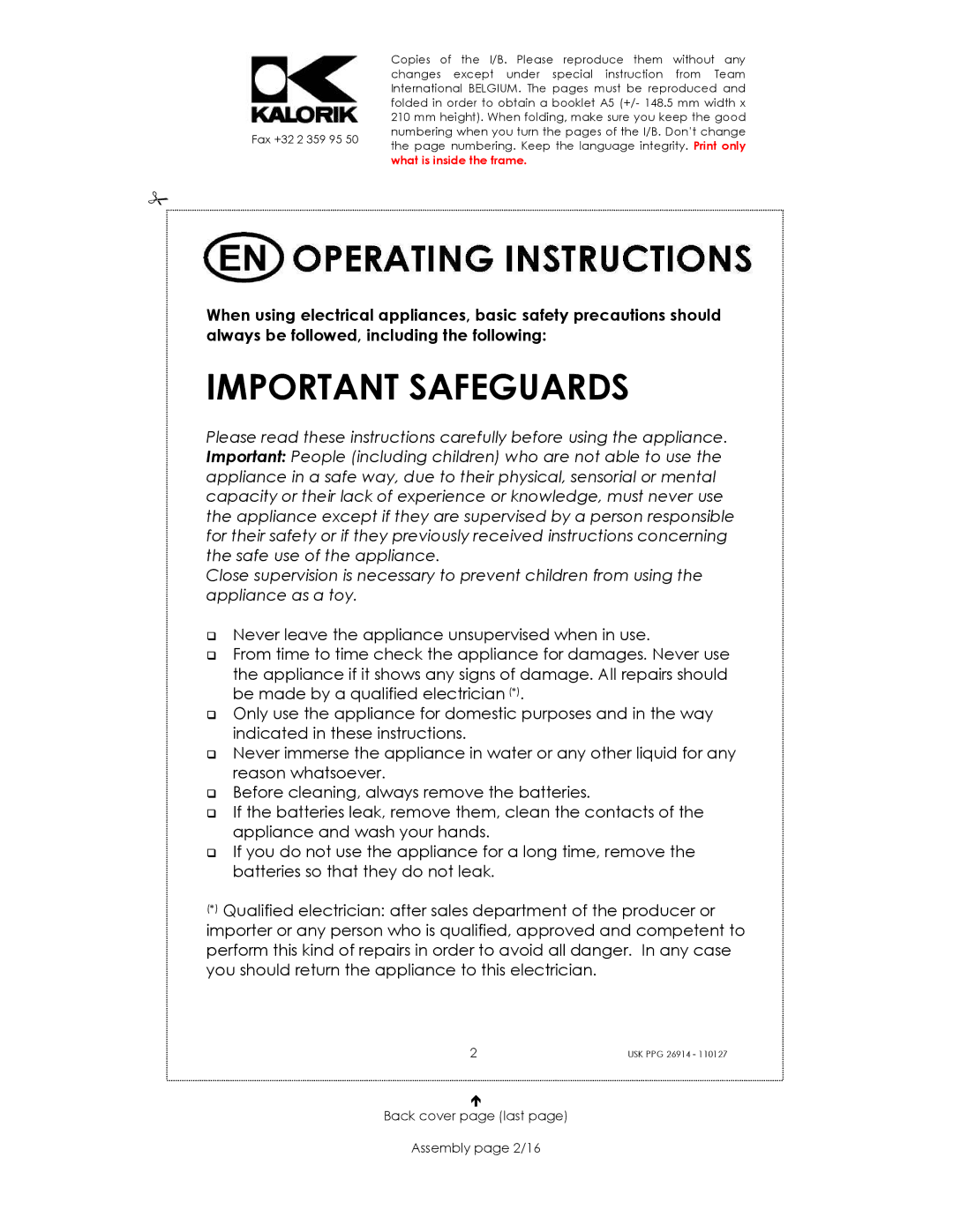 Kalorik SUK PPG 26914 manual Important Safeguards, Back cover page last Assembly page 2/16 