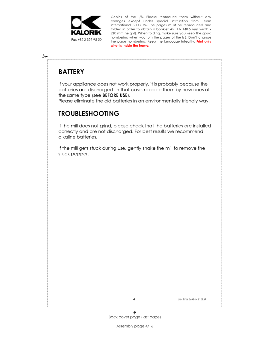 Kalorik SUK PPG 26914 manual Battery, Troubleshooting, Back cover page last Assembly page 4/16 