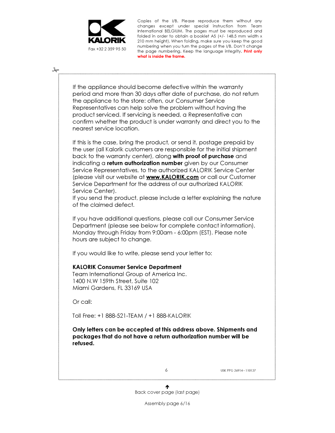 Kalorik SUK PPG 26914 manual Kalorik Consumer Service Department, Back cover page last Assembly page 6/16 