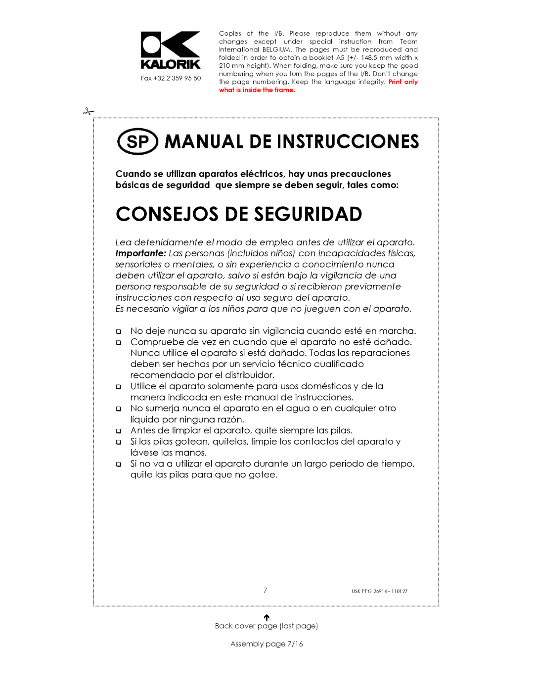 Kalorik SUK PPG 26914 manual Consejos DE Seguridad, Back cover page last Assembly page 7/16 