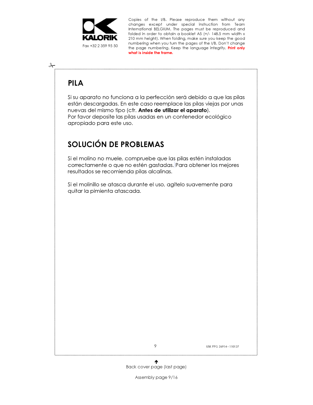 Kalorik SUK PPG 26914 manual Pila, Solución DE Problemas, Back cover page last Assembly page 9/16 