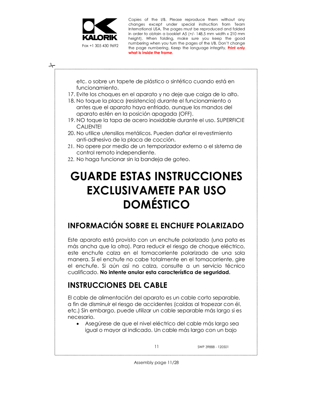 Kalorik SWP 39888 Guarde Estas Instrucciones Exclusivamete PAR USO Doméstico, Información Sobre EL Enchufe Polarizado 