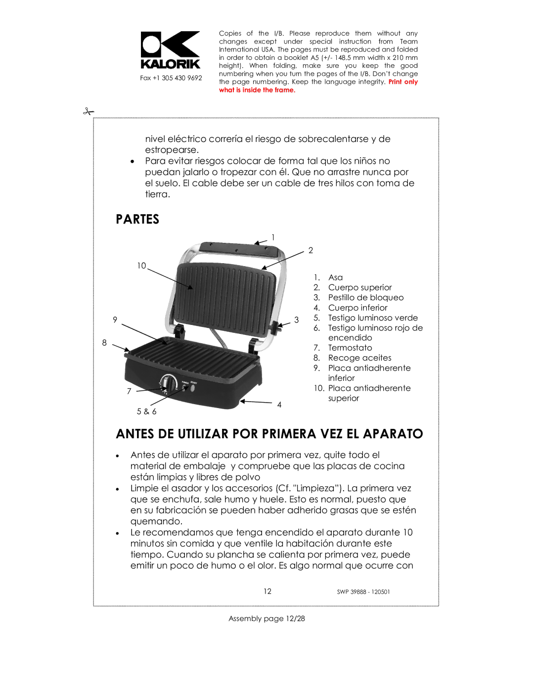 Kalorik SWP 39888 manual Partes, Antes DE Utilizar POR Primera VEZ EL Aparato, Assembly page 12/28 