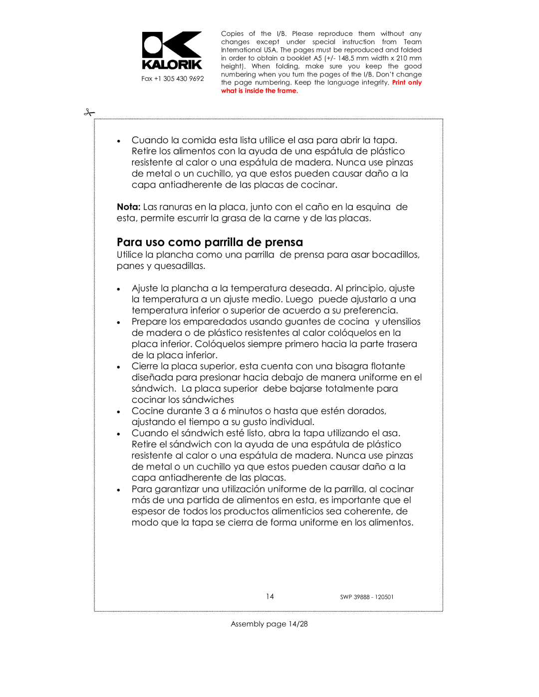 Kalorik SWP 39888 manual Para uso como parrilla de prensa, Assembly page 14/28 