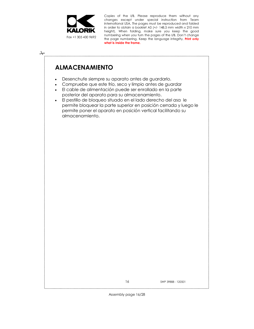 Kalorik SWP 39888 manual Almacenamiento, Assembly page 16/28 