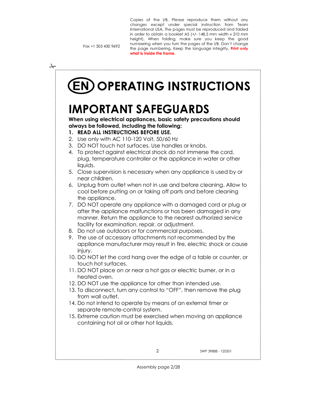 Kalorik SWP 39888 manual Important Safeguards, Read ALL Instructions Before USE, Assembly page 2/28 