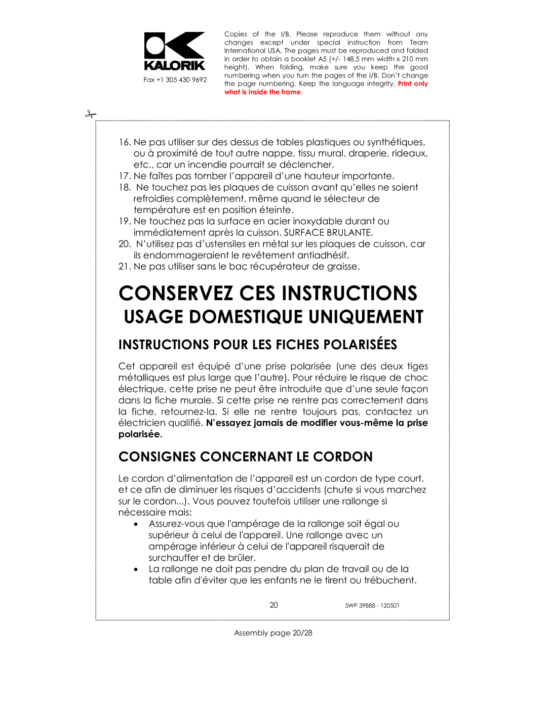 Kalorik SWP 39888 Conservez CES Instructions, Instructions Pour LES Fiches Polarisées, Consignes Concernant LE Cordon 