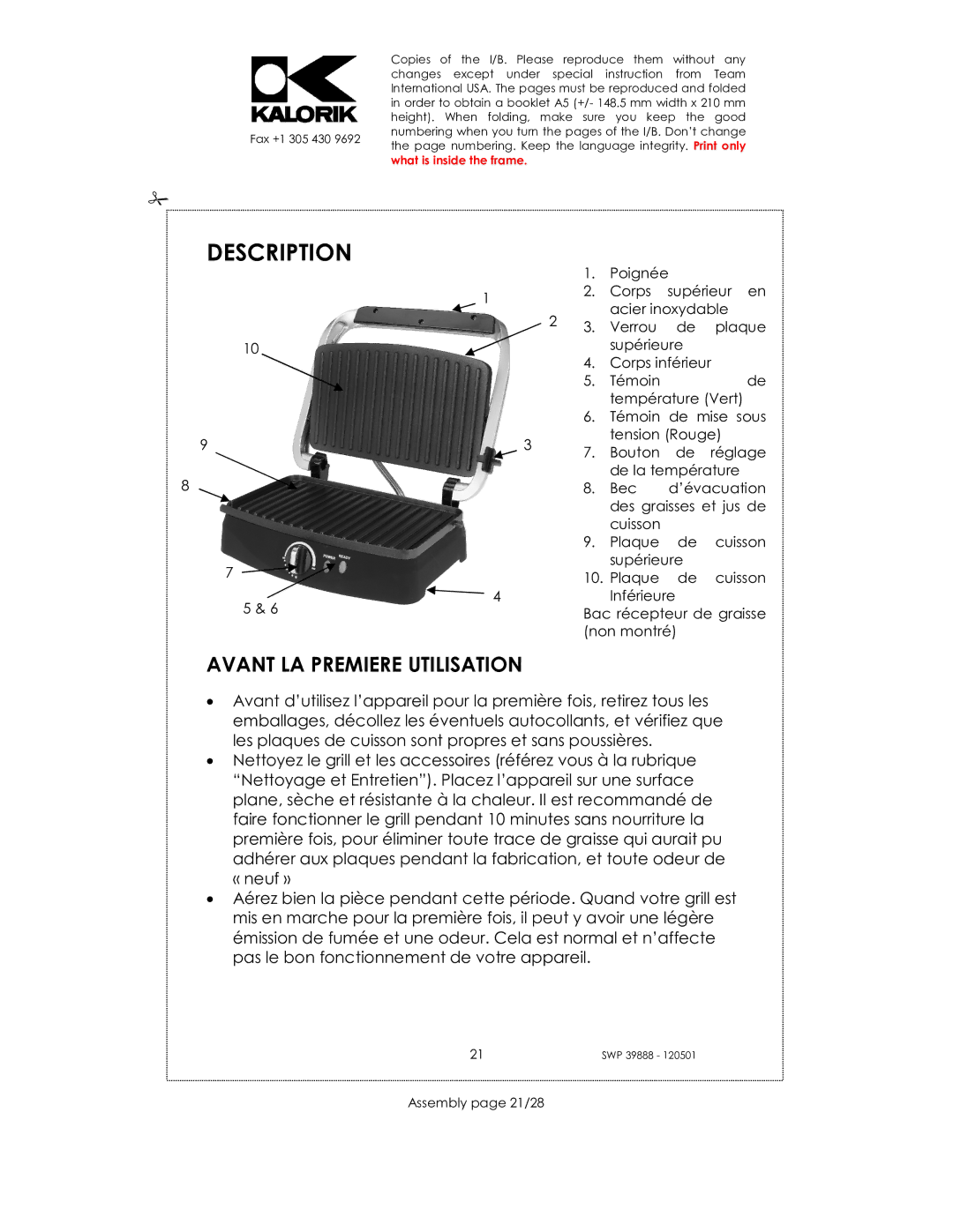 Kalorik SWP 39888 manual Description, Assembly page 21/28 