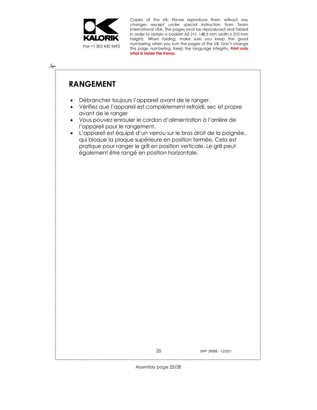 Kalorik SWP 39888 manual Rangement, Assembly page 25/28 