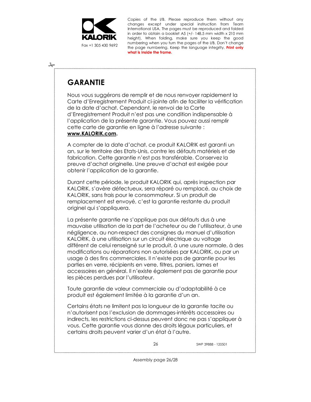 Kalorik SWP 39888 manual Garantie, Assembly page 26/28 