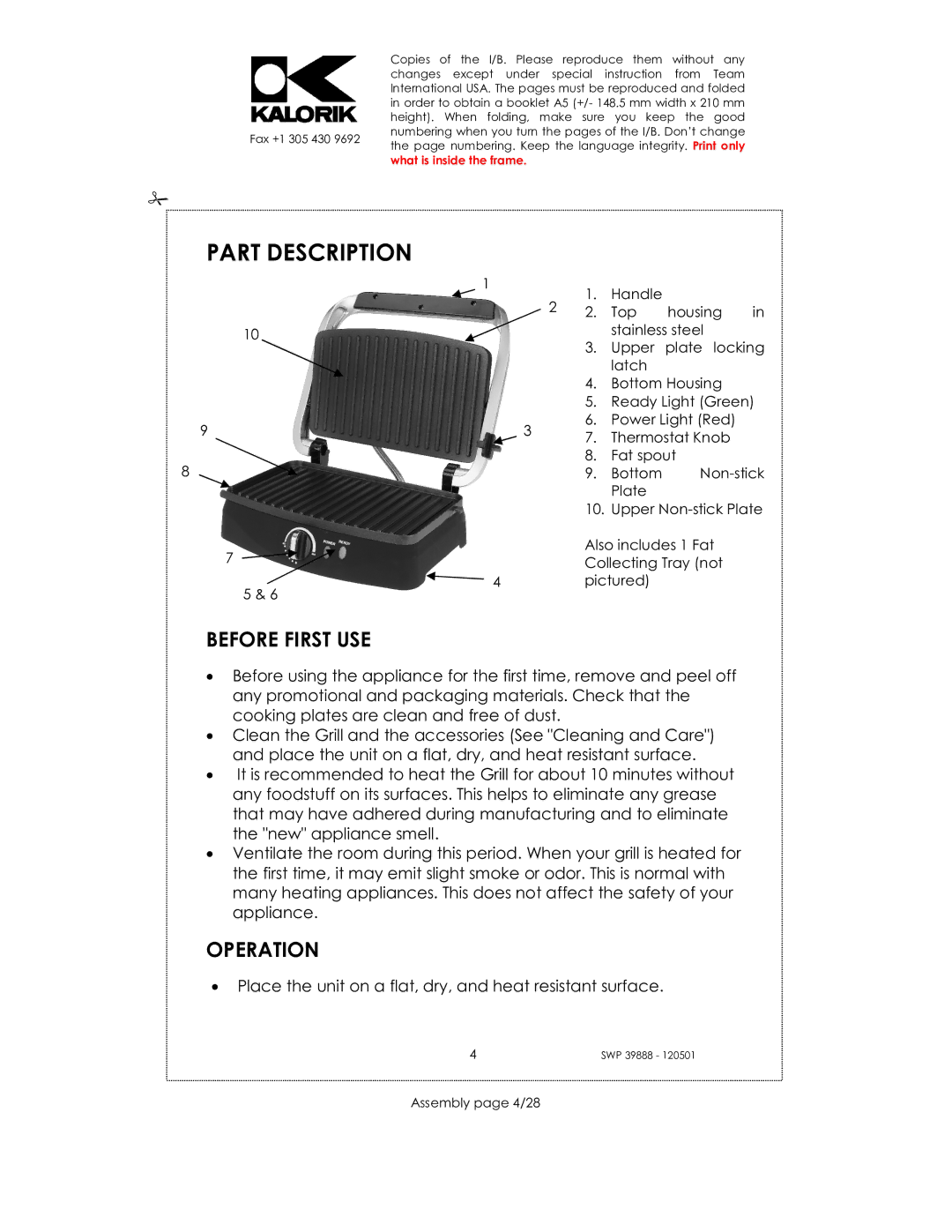 Kalorik SWP 39888 manual Part Description, Assembly page 4/28 