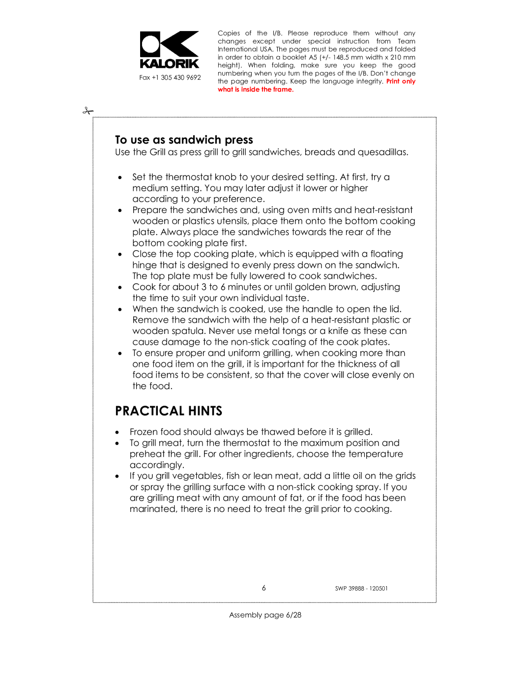 Kalorik SWP 39888 manual Practical Hints, To use as sandwich press, Assembly page 6/28 