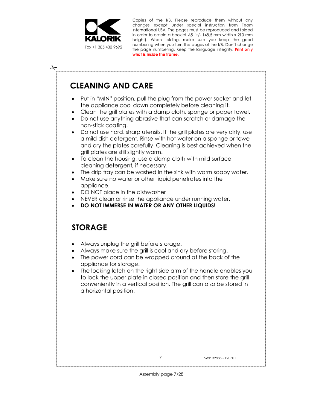 Kalorik SWP 39888 manual Cleaning and Care, Storage, Do not Immerse in Water or ANY Other Liquids, Assembly page 7/28 