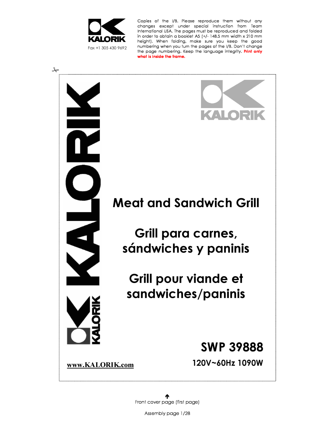 Kalorik SWP 39888 manual Meat and Sandwich Grill Grill para carnes, sándwiches y paninis, 120V~60Hz 1090W 