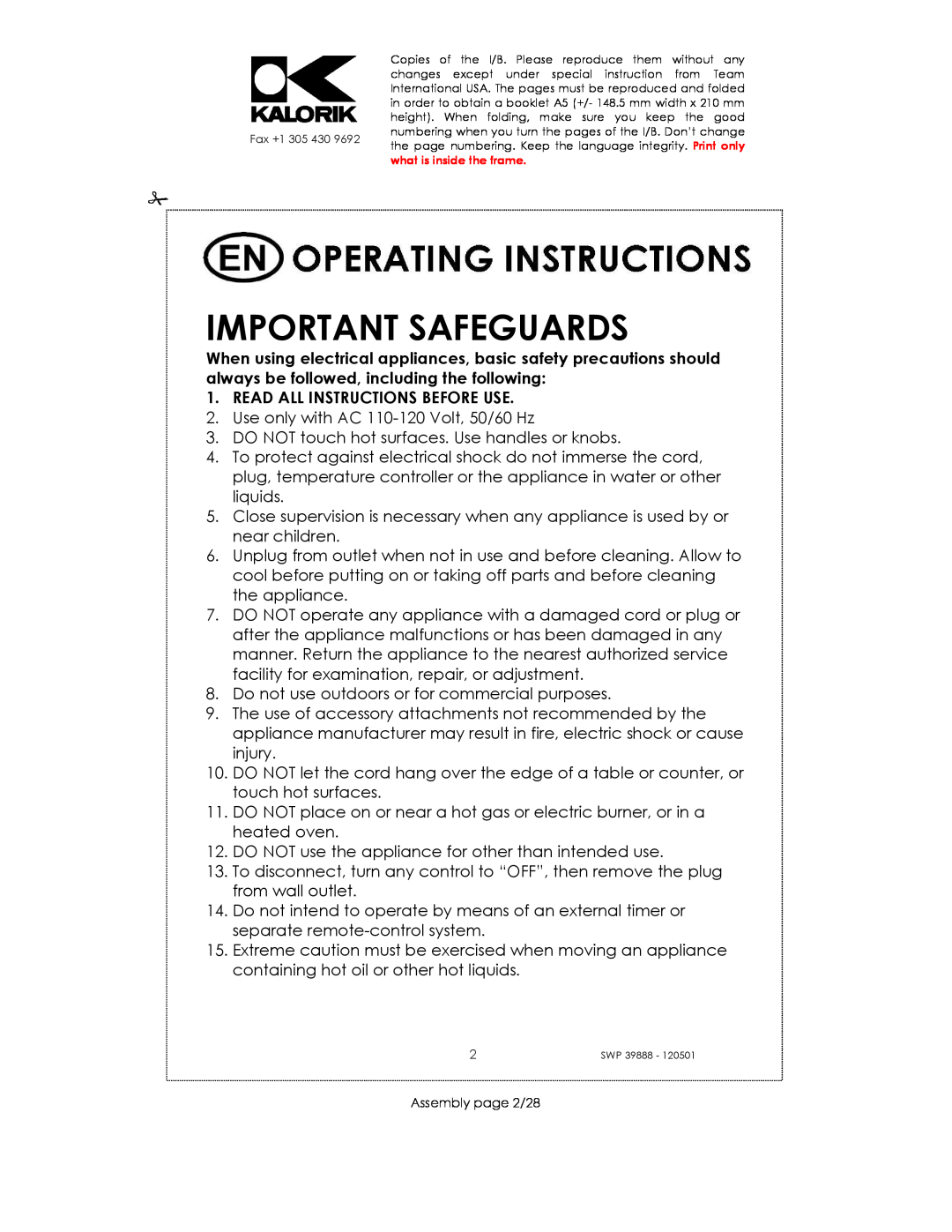 Kalorik SWP 39888 manual Important Safeguards, Read All Instructions Before Use 