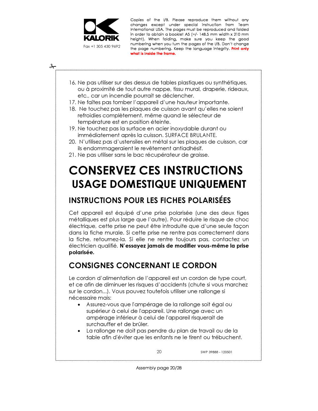 Kalorik SWP 39888 Conservez Ces Instructions, Instructions Pour Les Fiches Polarisées, Consignes Concernant Le Cordon 