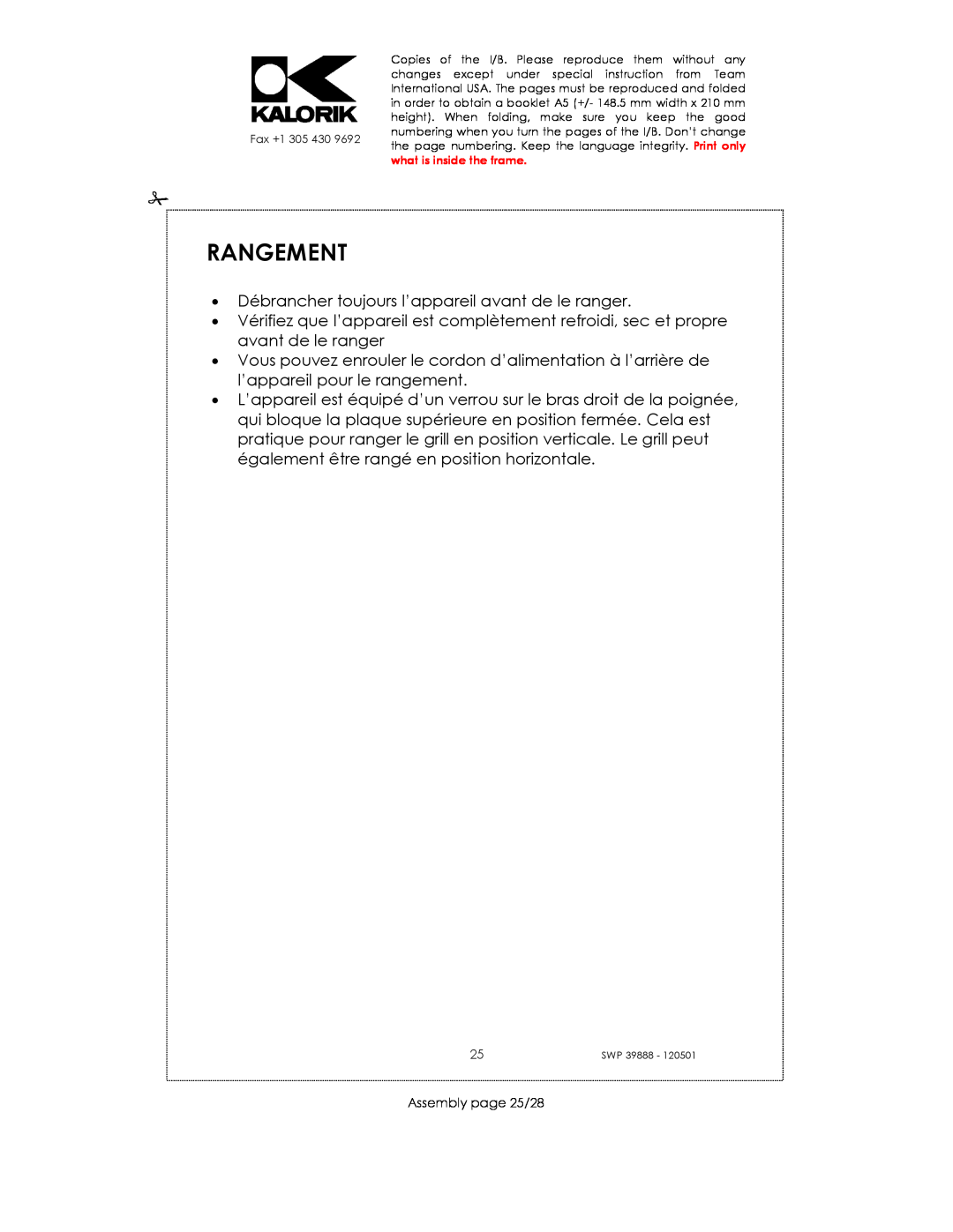 Kalorik SWP 39888 manual Rangement, Assembly page 25/28 