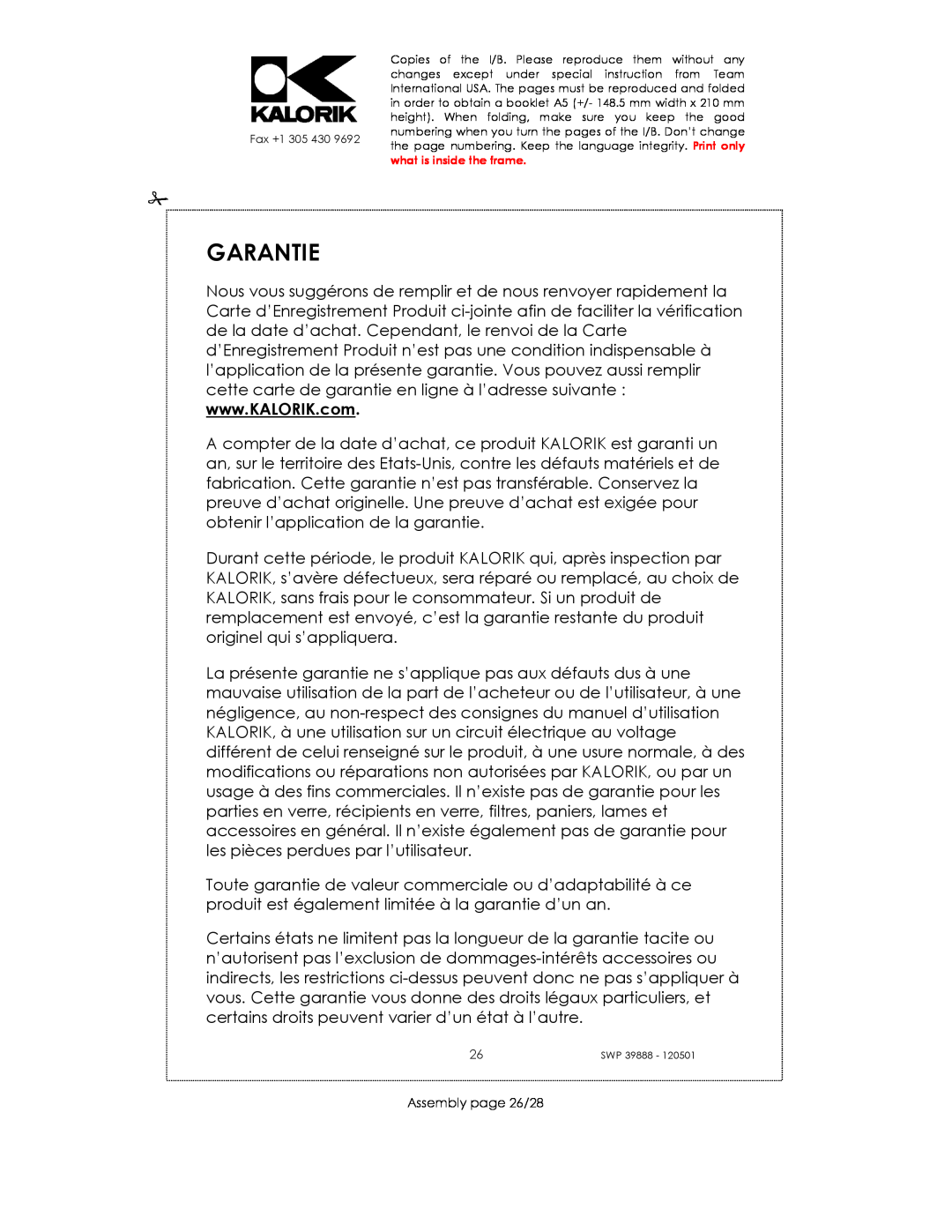 Kalorik SWP 39888 manual Garantie, Assembly page 26/28 