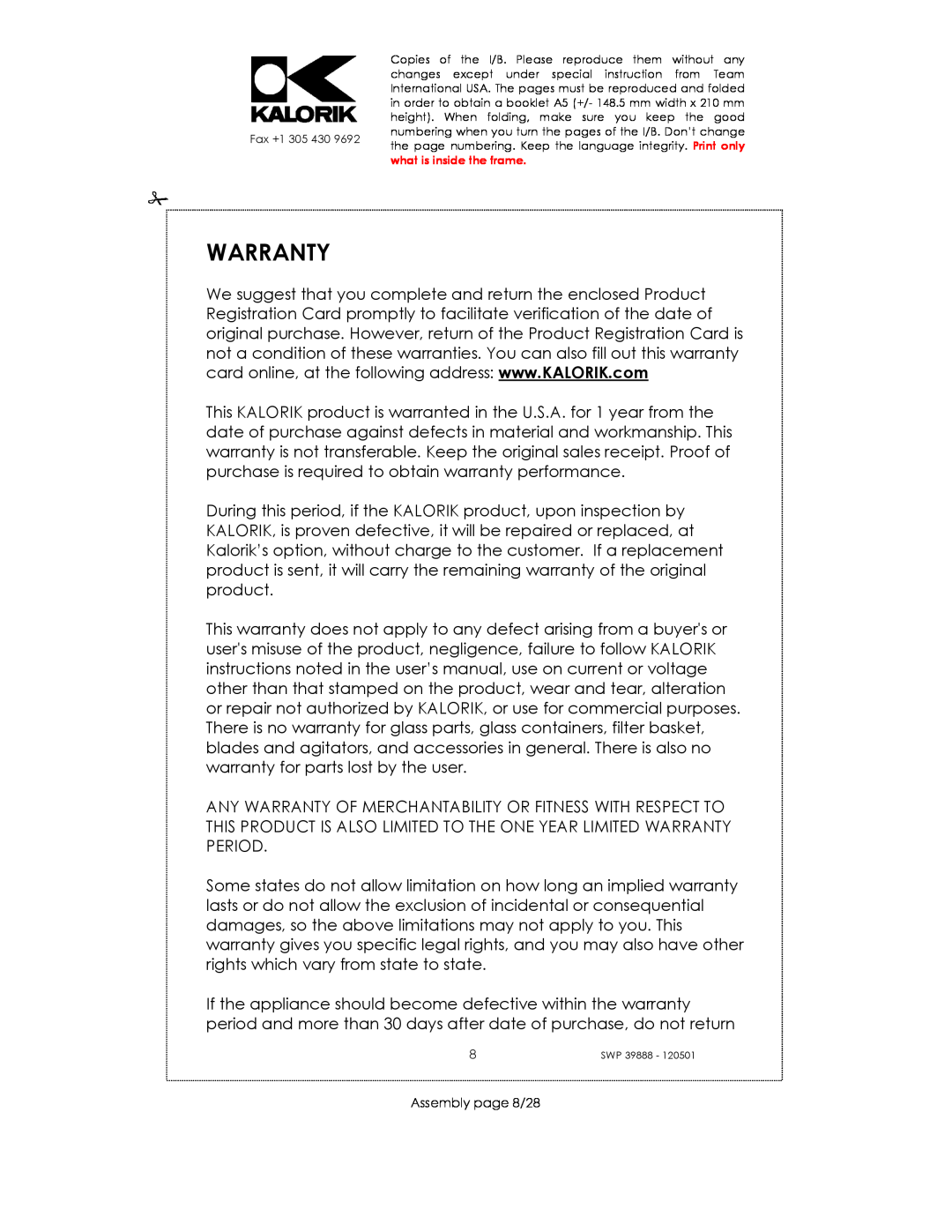 Kalorik SWP 39888 manual Warranty, Assembly page 8/28 