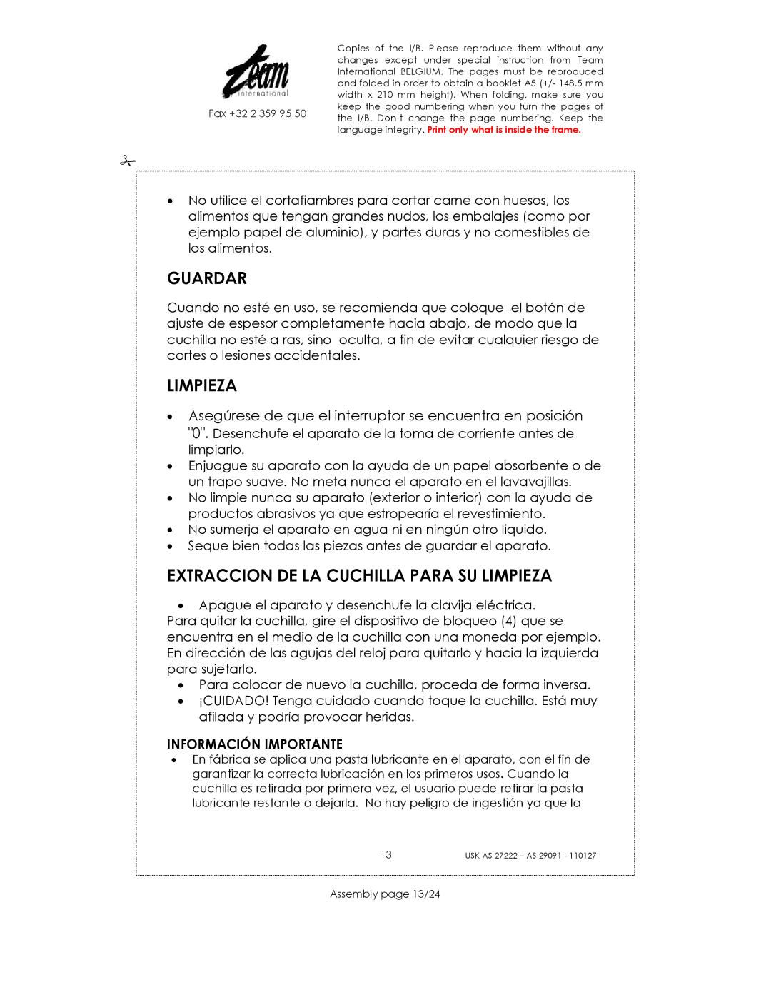 Kalorik USK AS 27222 Guardar, Extraccion DE LA Cuchilla Para SU Limpieza, Información Importante, Assembly page 13/24 