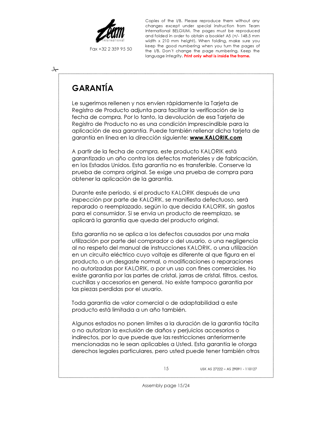 Kalorik USK AS 27222, USK AS 29091 manual Garantía, Assembly page 15/24 