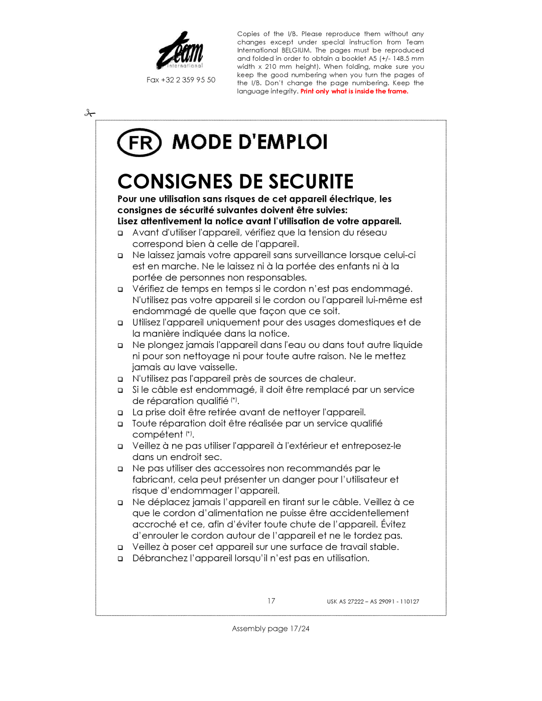 Kalorik USK AS 27222, USK AS 29091 manual Consignes DE Securite, Assembly page 17/24 