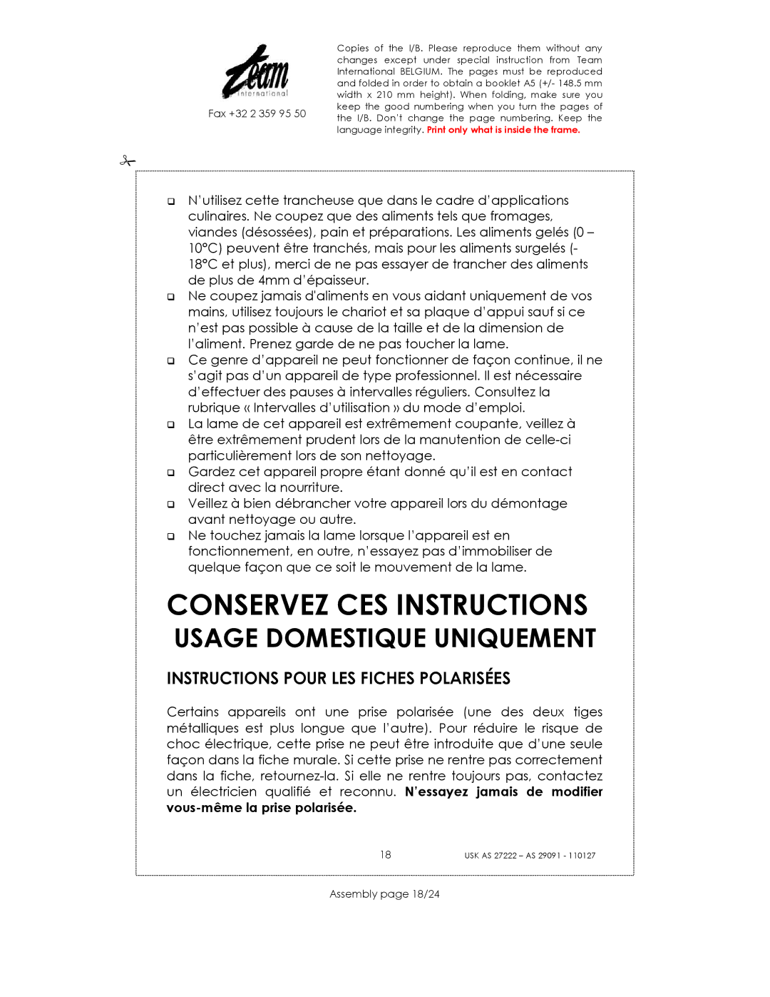 Kalorik USK AS 29091 manual Conservez CES Instructions, Instructions Pour LES Fiches Polarisées, Assembly page 18/24 