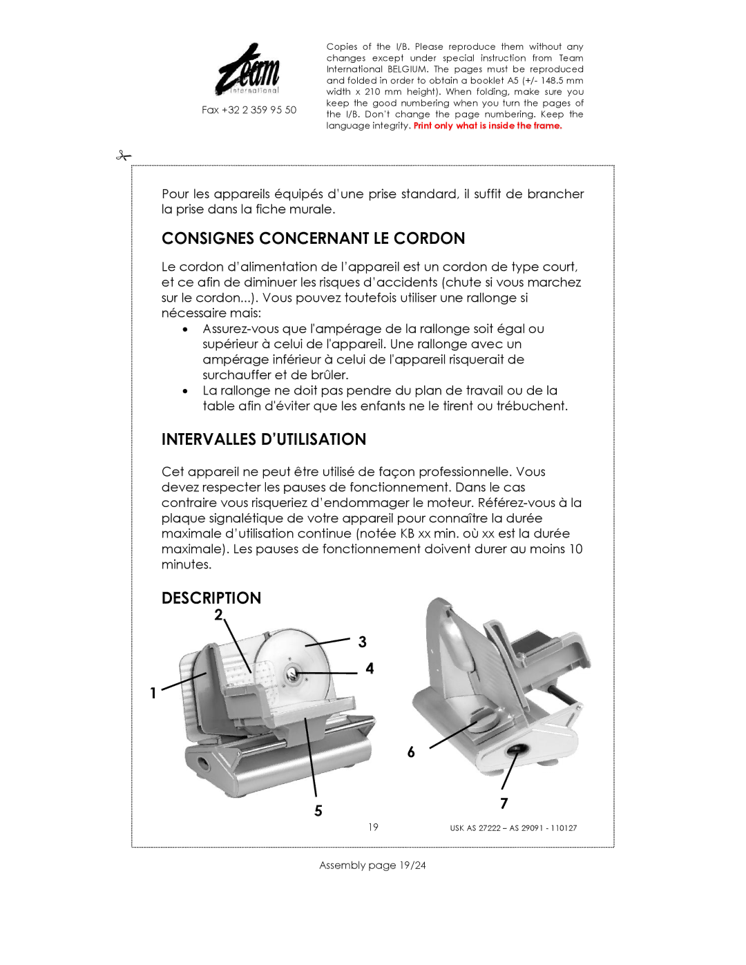 Kalorik USK AS 27222 manual Consignes Concernant LE Cordon, Intervalles D’UTILISATION, Description, Assembly page 19/24 