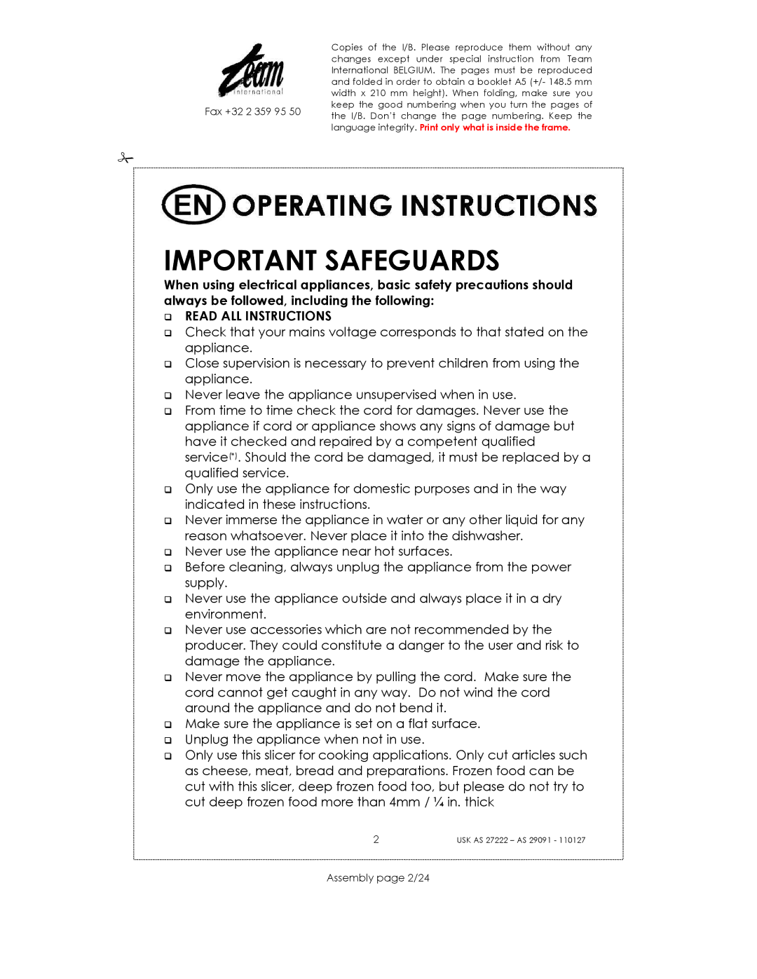 Kalorik USK AS 29091, USK AS 27222 manual Important Safeguards, Read ALL Instructions, Assembly page 2/24 