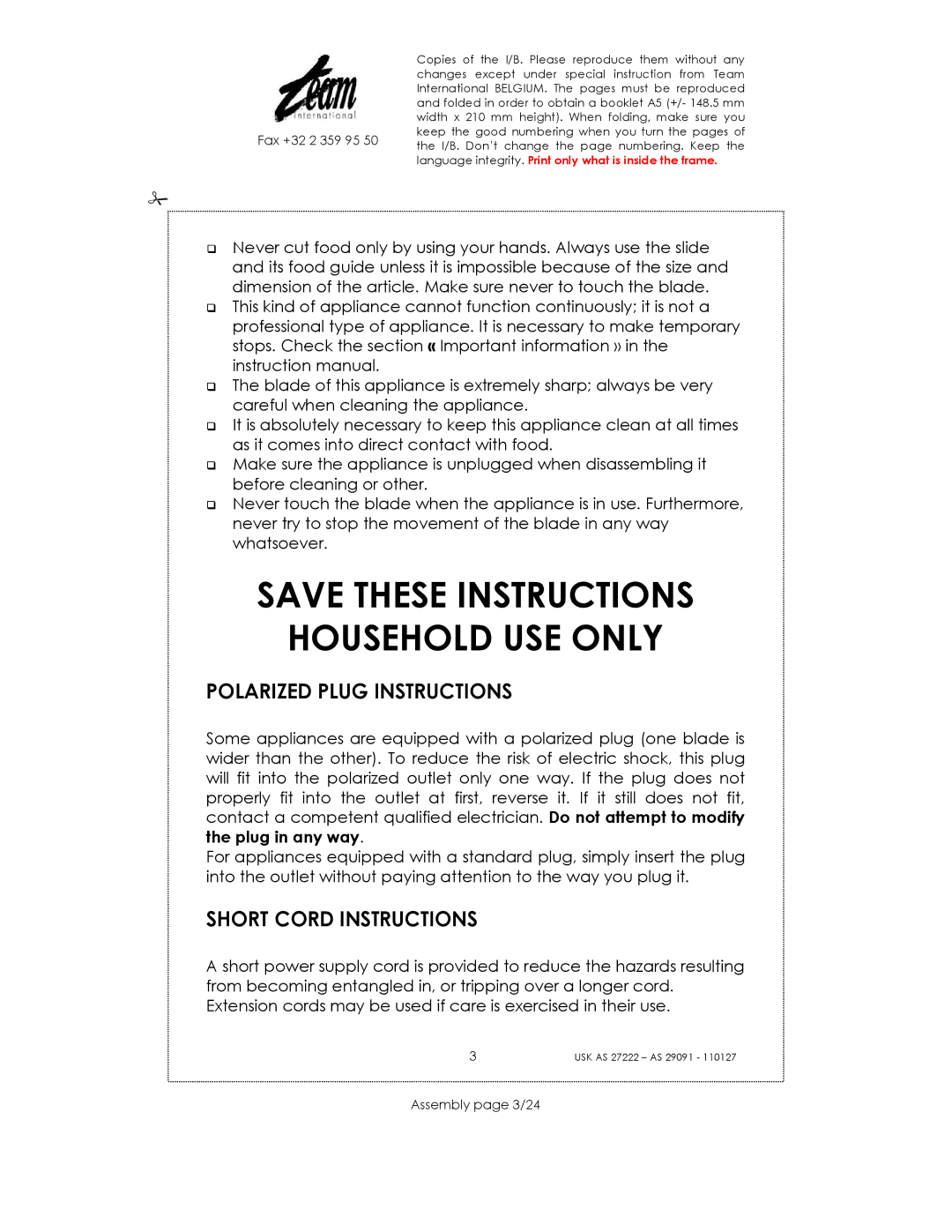 Kalorik USK AS 27222 manual Household USE only, Polarized Plug Instructions, Short Cord Instructions, Assembly page 3/24 