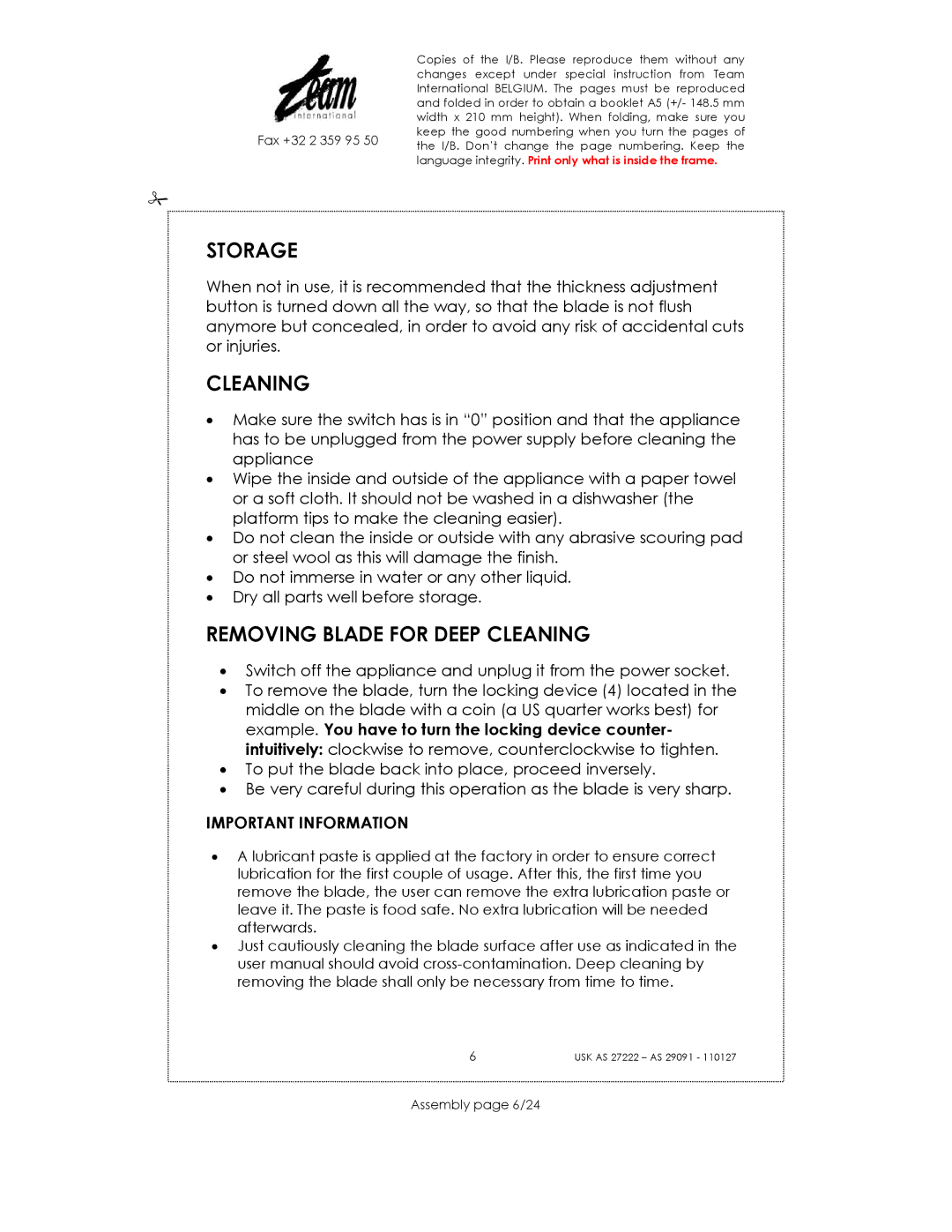 Kalorik USK AS 29091 manual Storage, Removing Blade for Deep Cleaning, Important Information, Assembly page 6/24 