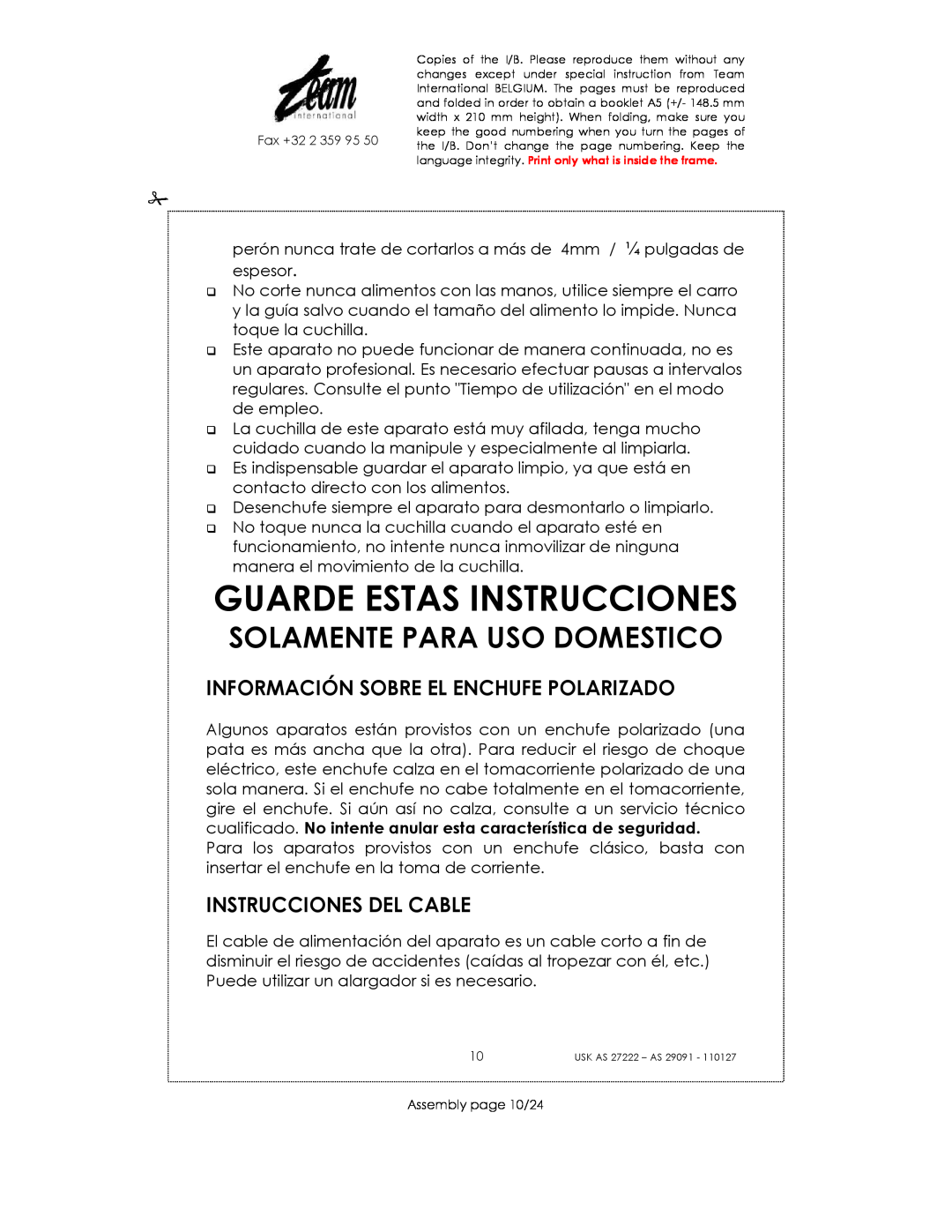 Kalorik USK AS 29091 manual Guarde Estas Instrucciones, Información Sobre El Enchufe Polarizado, Instrucciones Del Cable 