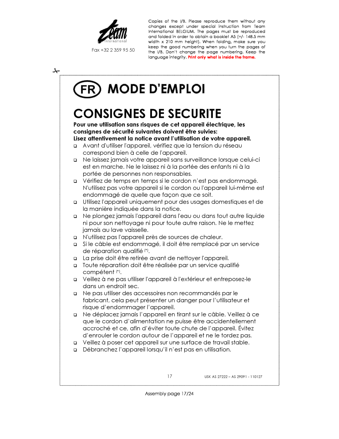 Kalorik USK AS 27222, USK AS 29091 manual Consignes De Securite, Fax +32 2 359 95, Assembly page 17/24 