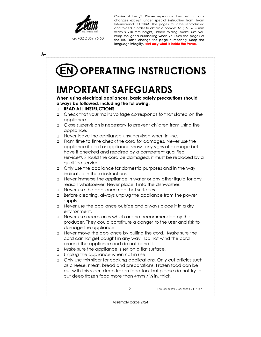 Kalorik USK AS 29091, USK AS 27222 manual Important Safeguards, Read All Instructions 