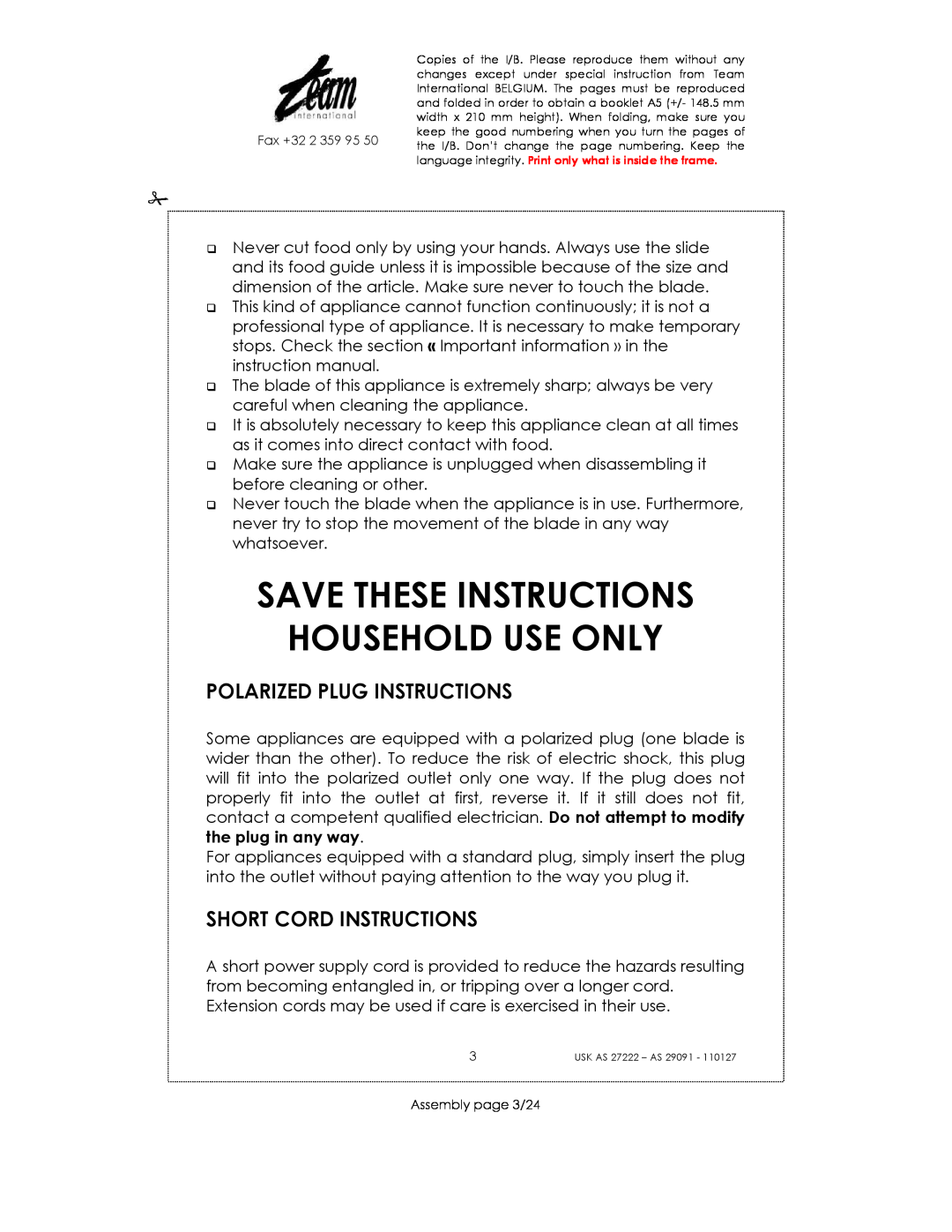 Kalorik USK AS 27222 Save These Instructions Household Use Only, Polarized Plug Instructions, Short Cord Instructions 