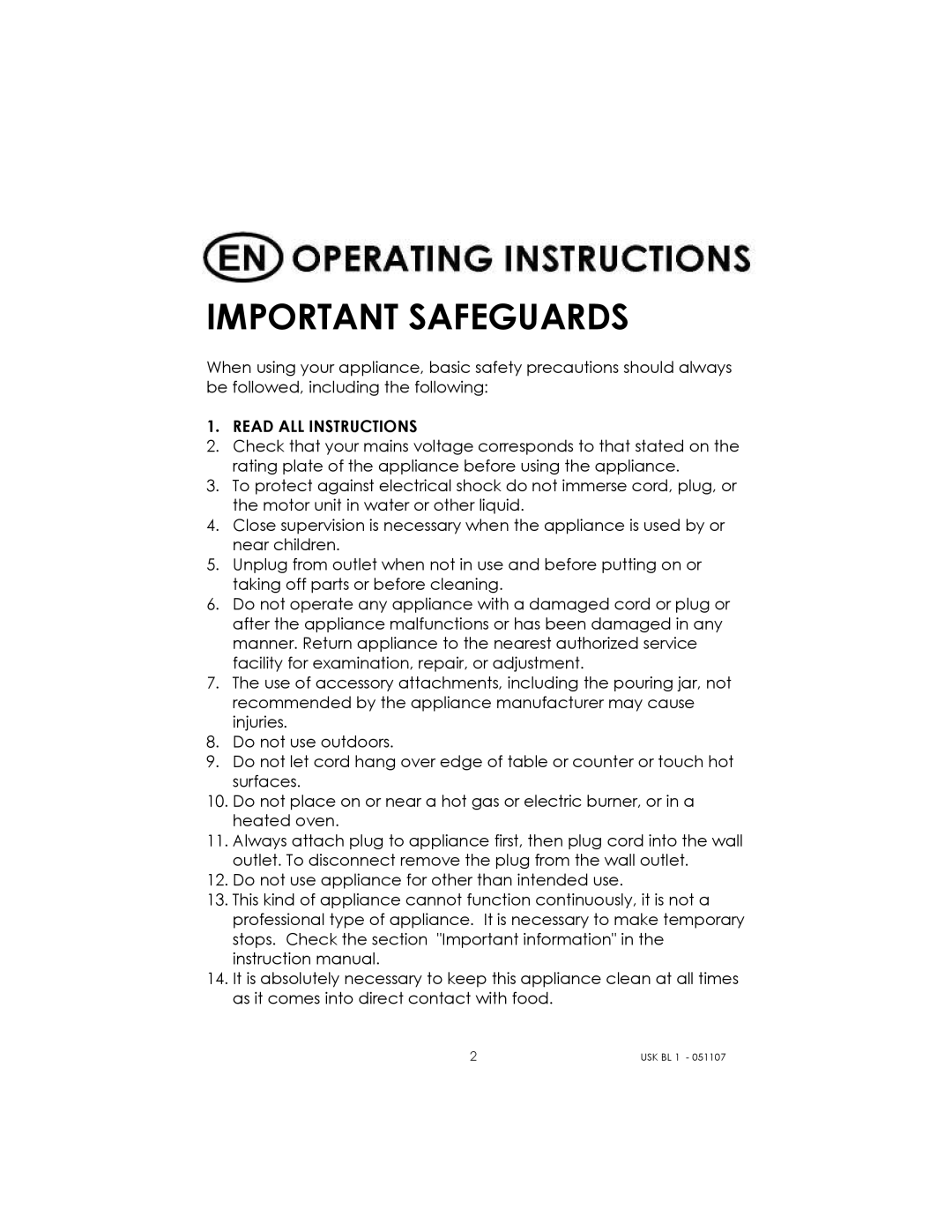 Kalorik USK BL 1 manual Important Safeguards, Read ALL Instructions 