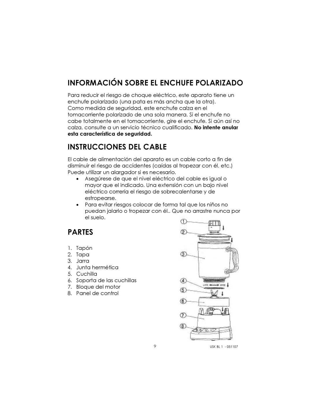 Kalorik USK BL 1 manual Información Sobre EL Enchufe Polarizado, Instrucciones DEL Cable, Partes 