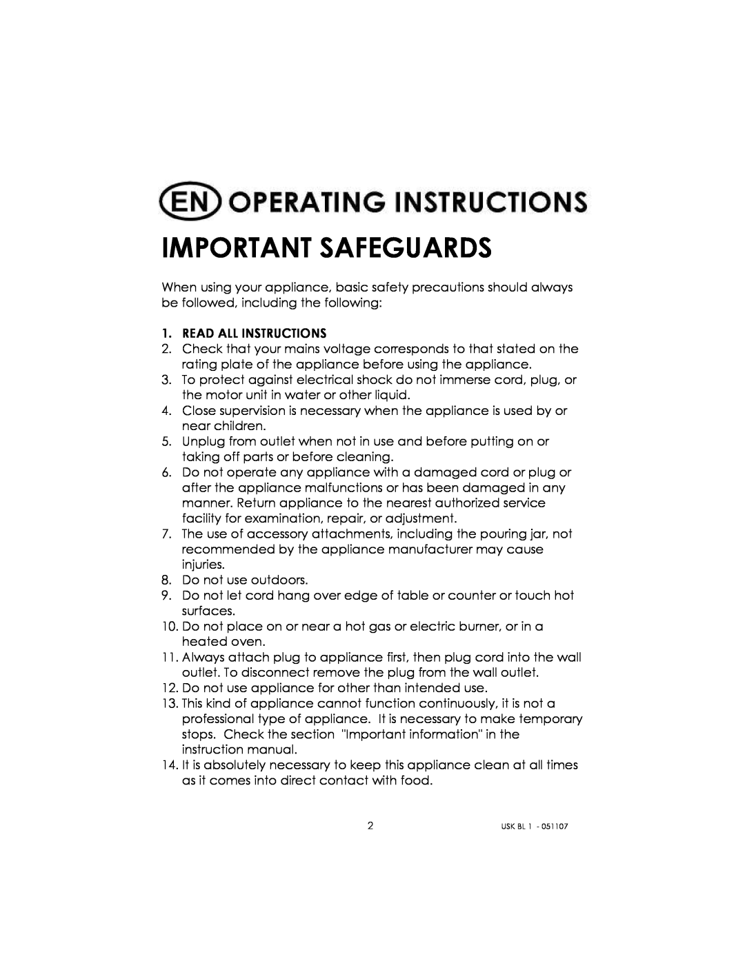 Kalorik USK BL 1 manual Important Safeguards 