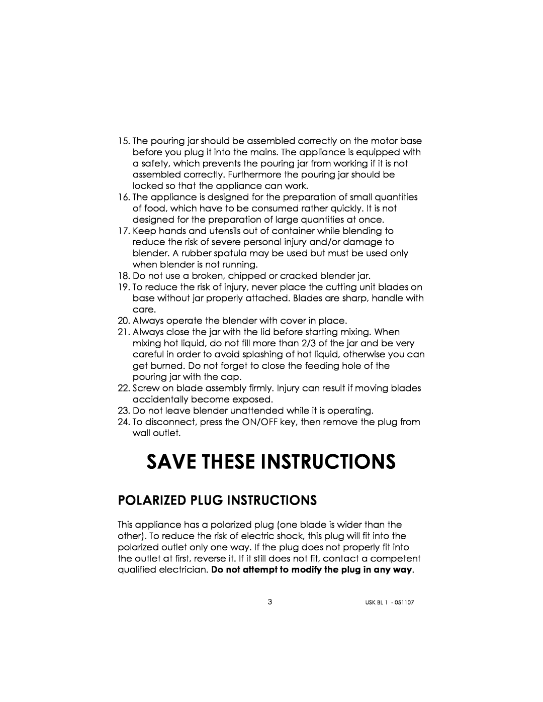 Kalorik USK BL 1 manual Save These Instructions, Polarized Plug Instructions 