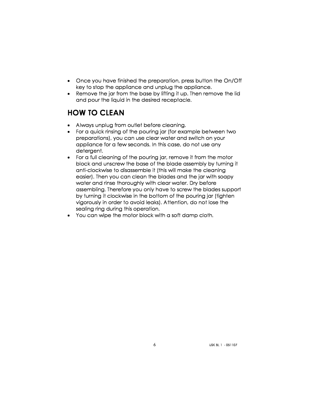 Kalorik USK BL 1 manual How To Clean 