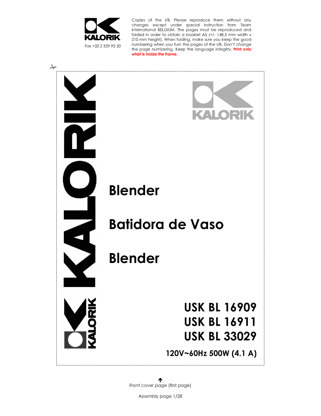 Kalorik 33029, usk bl 16909, 16911 manual Blender Batidora de Vaso, Front cover page first Assembly page 1/28 