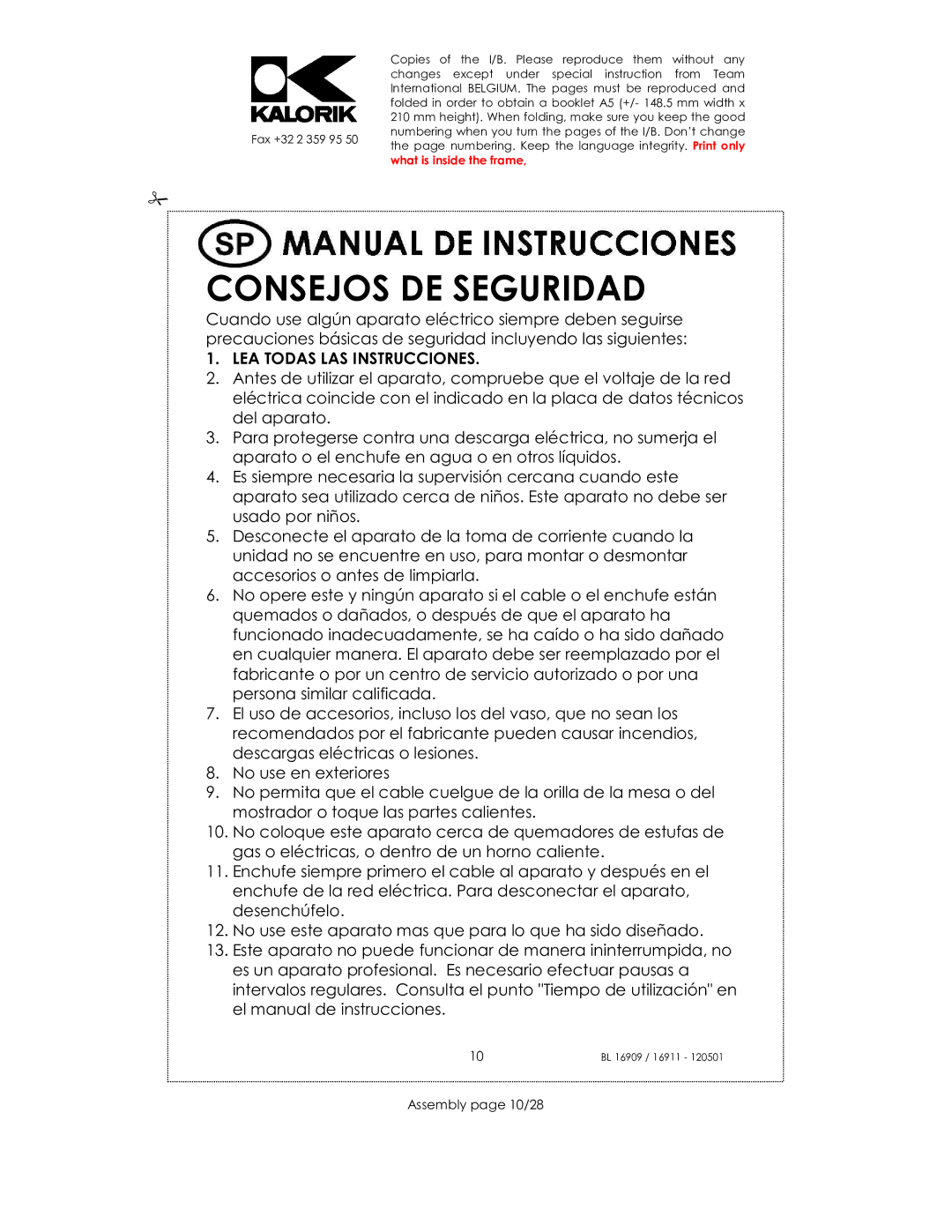 Kalorik 33029, usk bl 16909, 16911 manual Consejos DE Seguridad, Assembly page 10/28 